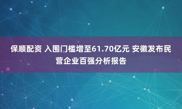 保顺配资 入围门槛增至61.70亿元 安徽发布民营企业百强分析报告